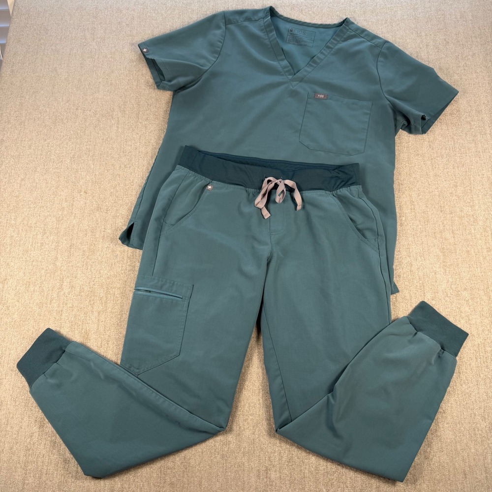 Figs Scrub Set Womens L/M Teal V-Neck Top Zamora Jogger Pants